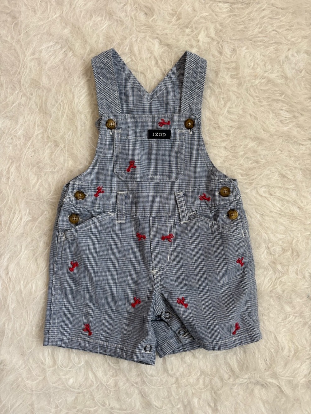 IZOD Baby Boys Blue Nautical Preppy Shortall with Red Lobster Embroidery